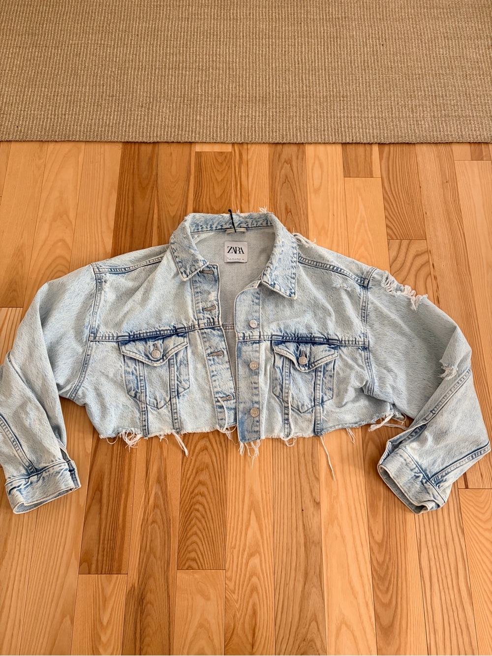 ZARA Light Blue Cropped Distressed Denim Jacket